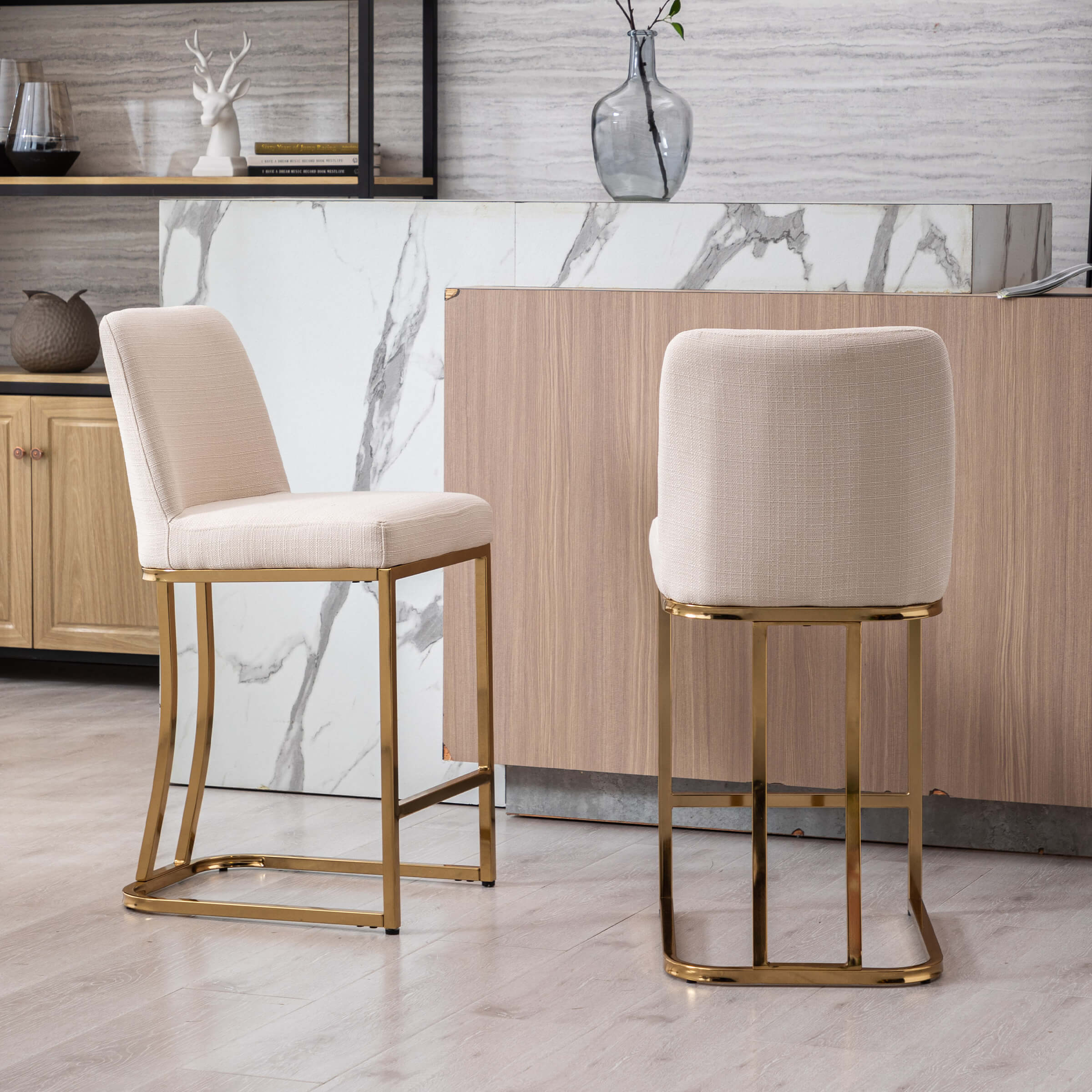 Cream stools at kitchen island