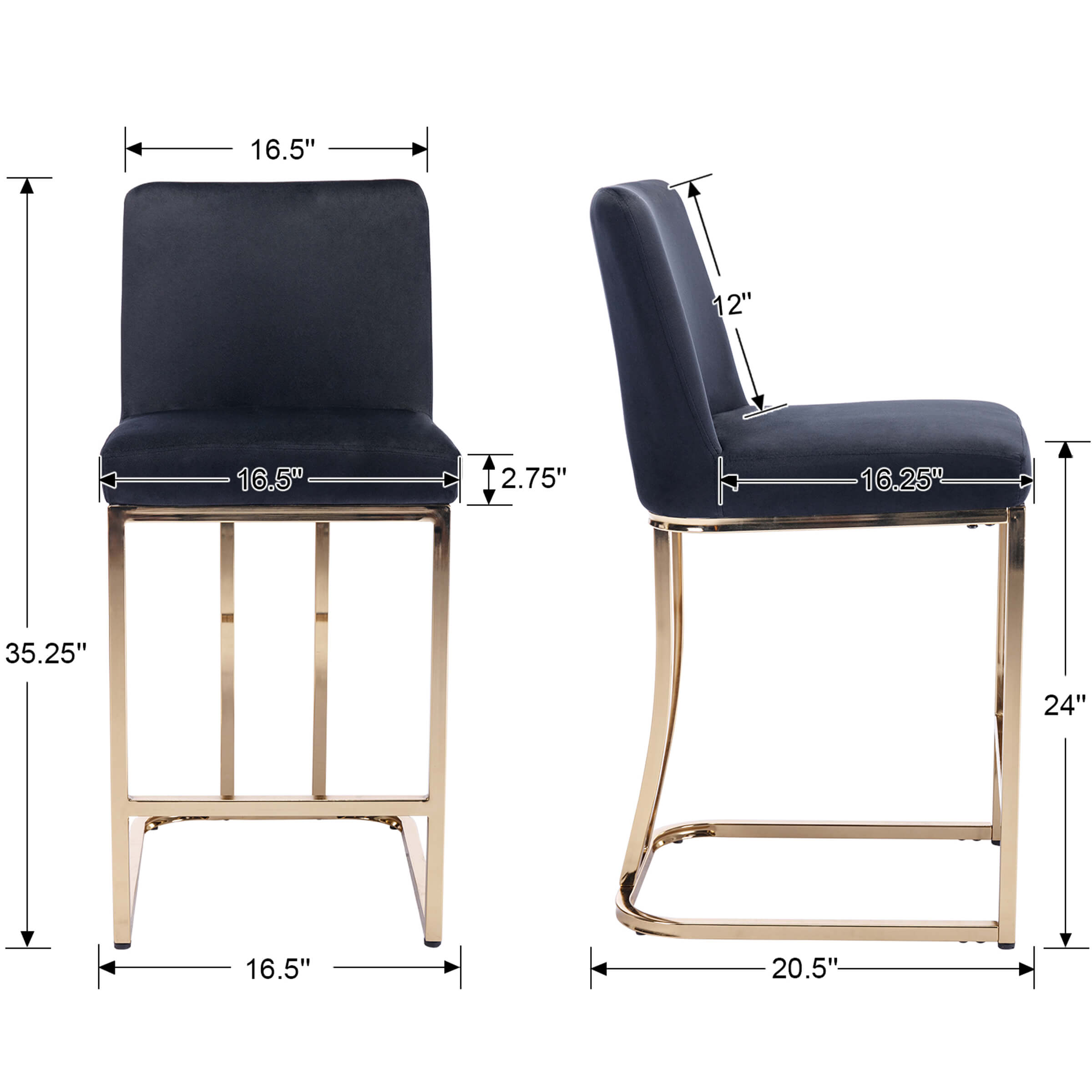 Dimensions of bar stools, front and side views