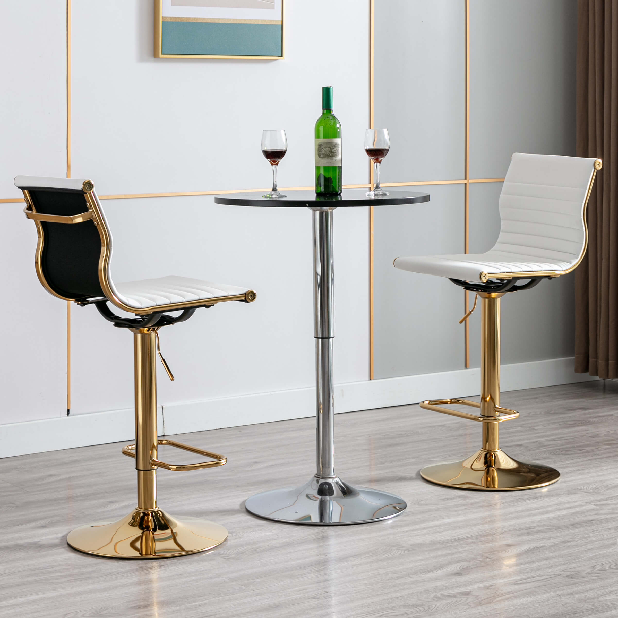 Two-tone stools with white and grey seats at table
