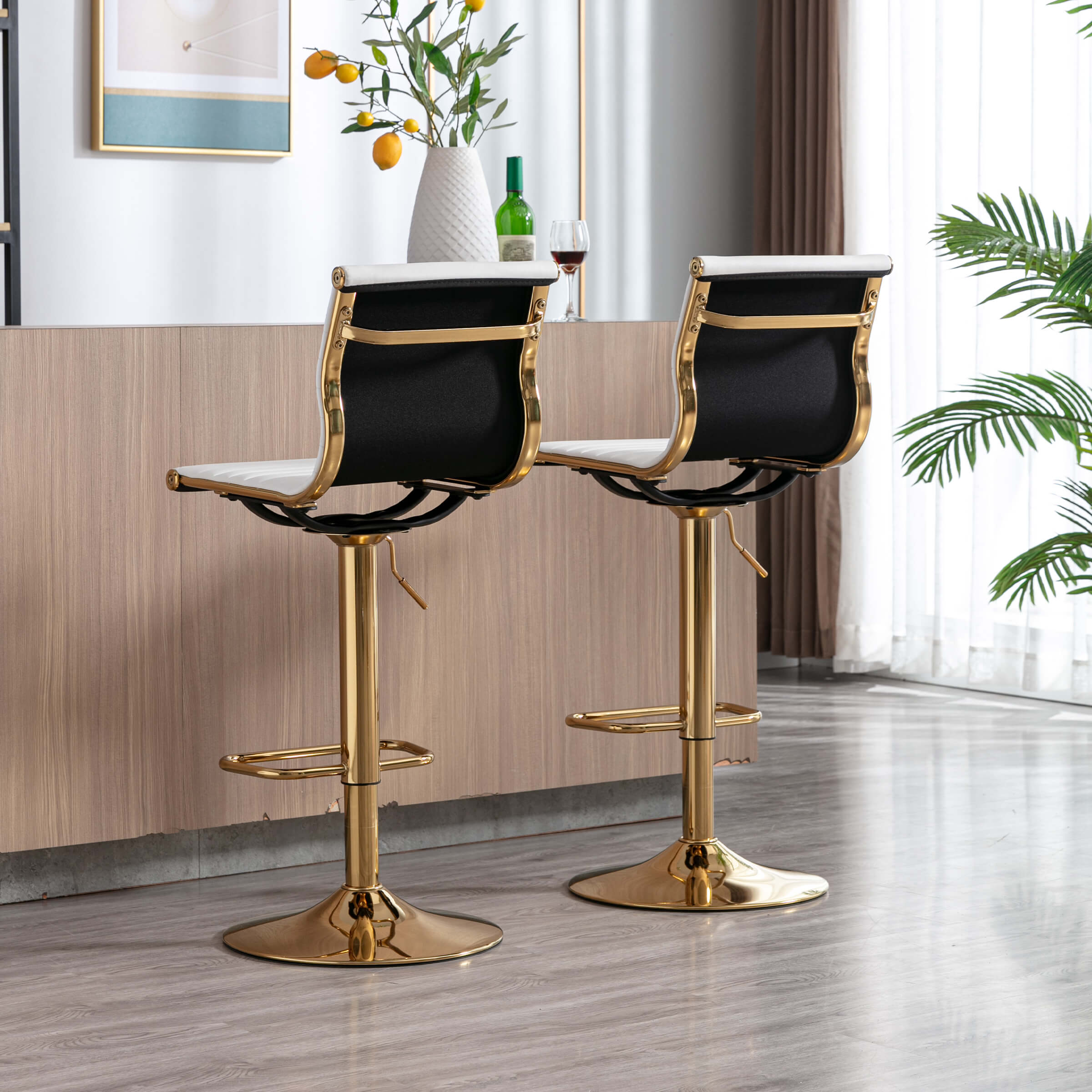Gold and black stools by counter