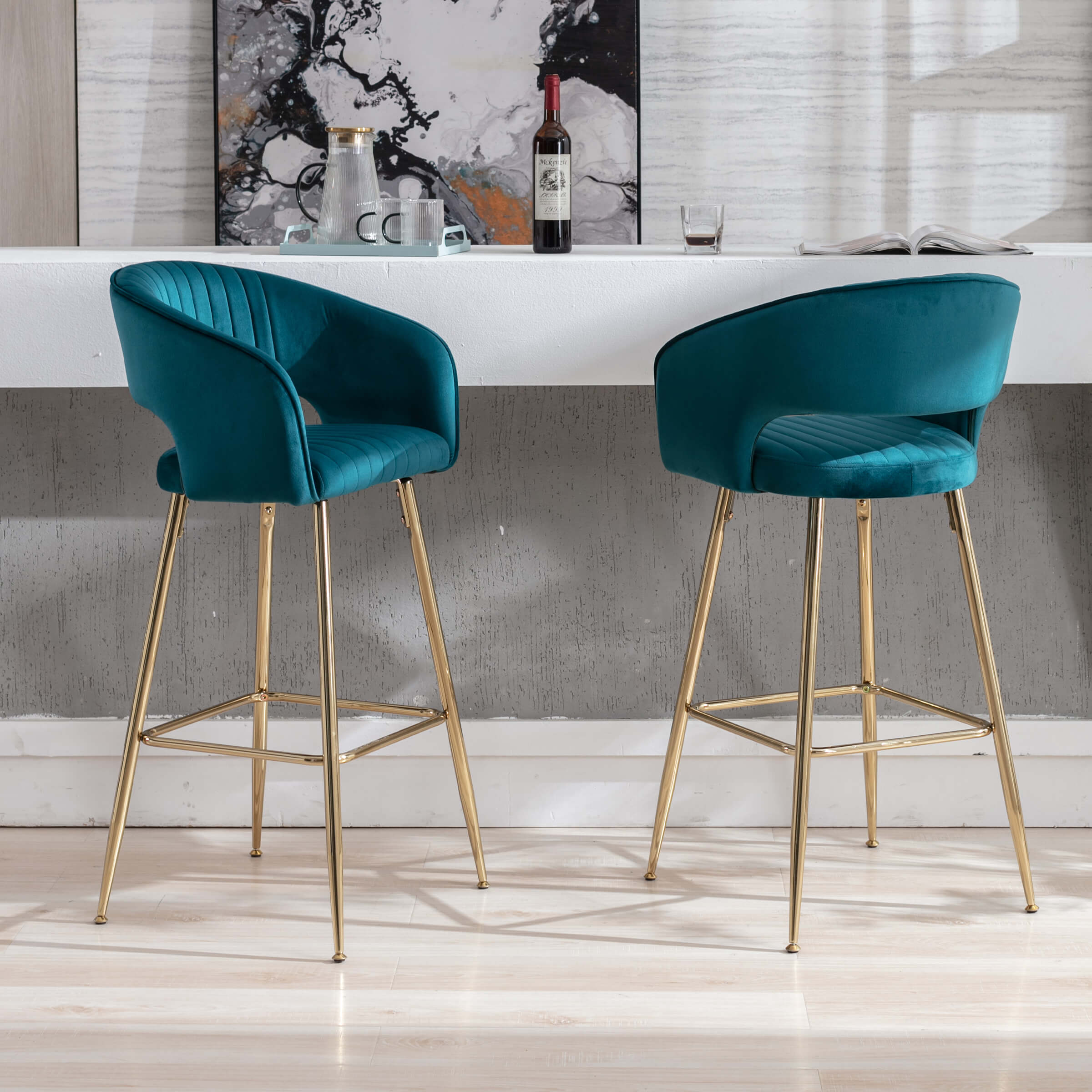 ZH4YOU 30"H Velvet Barstools with Gold Legs Set of 2 - 6014BS