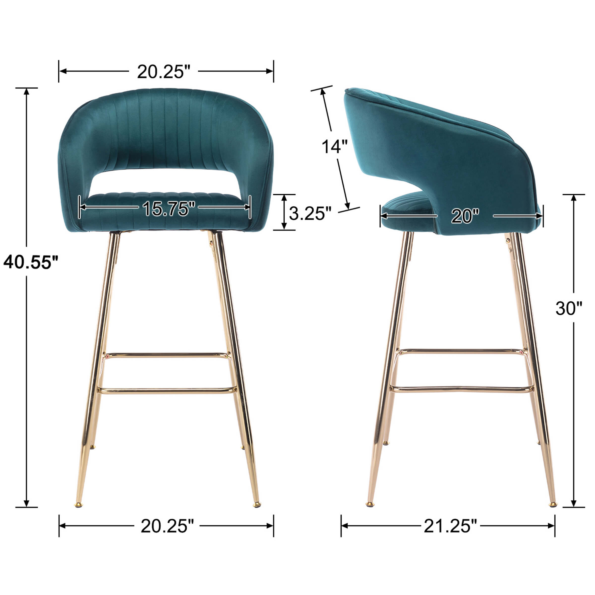 ZH4YOU 30"H Velvet Barstools with Gold Legs Set of 2 - 6014BS