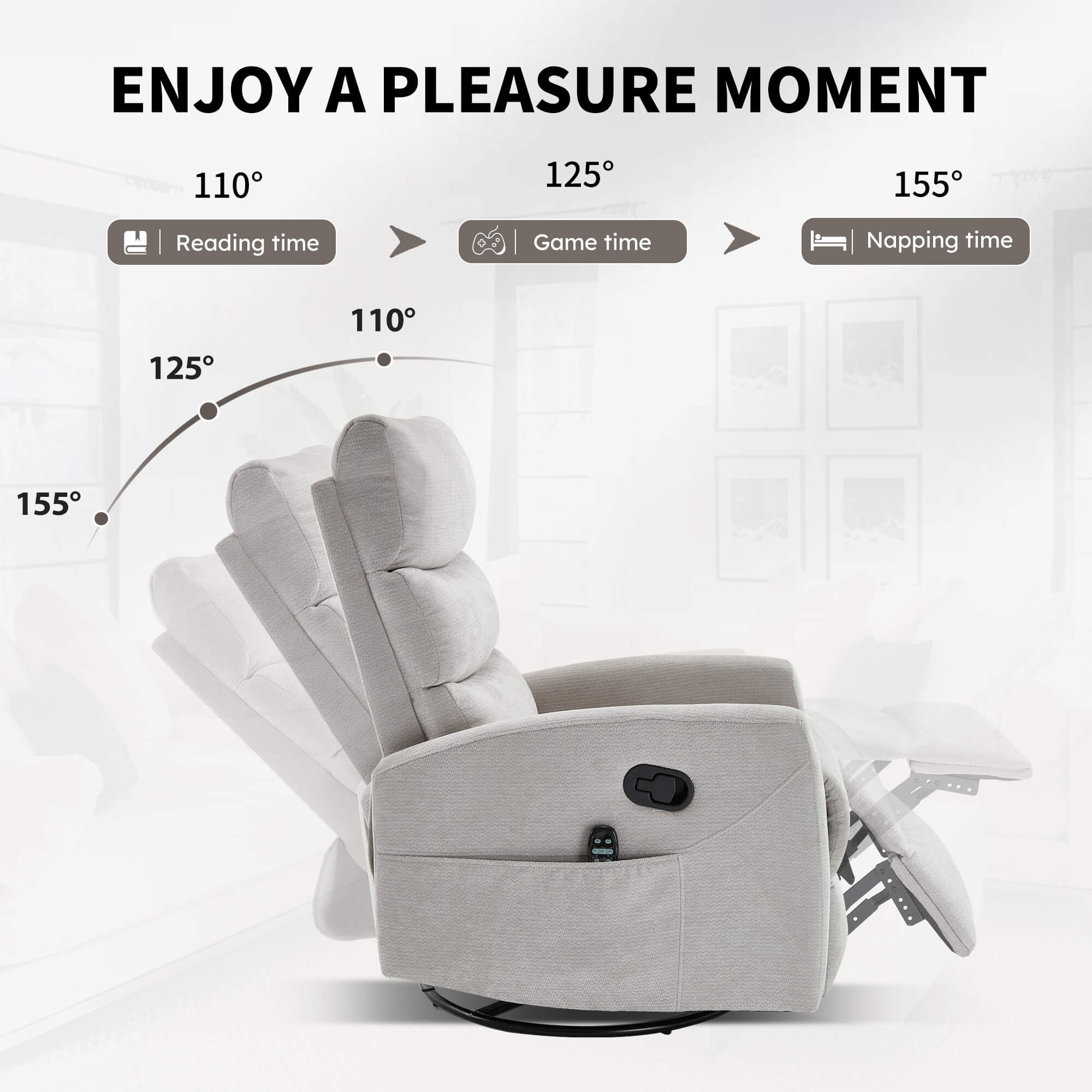 Modern Chenille Heat Massage Rocker Swivel Recliner Chair