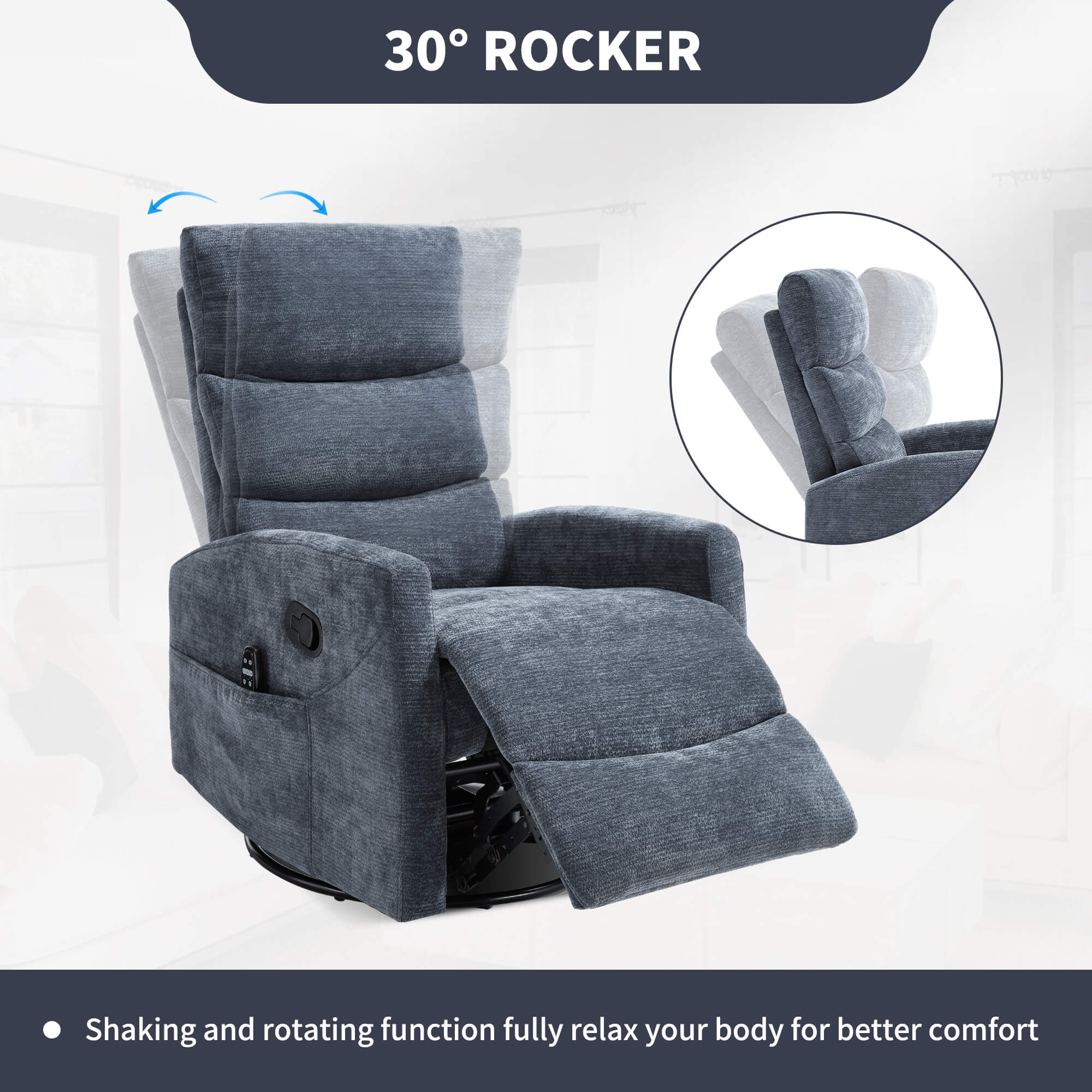 Modern Chenille Heat Massage Rocker Swivel Recliner Chair