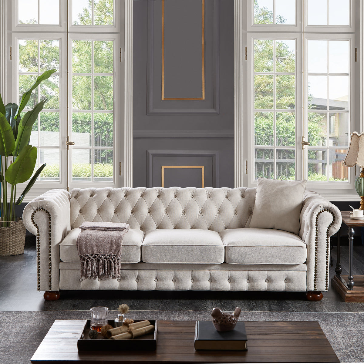 89"L Linen Bronze Nailhead Chesterfield Sofa