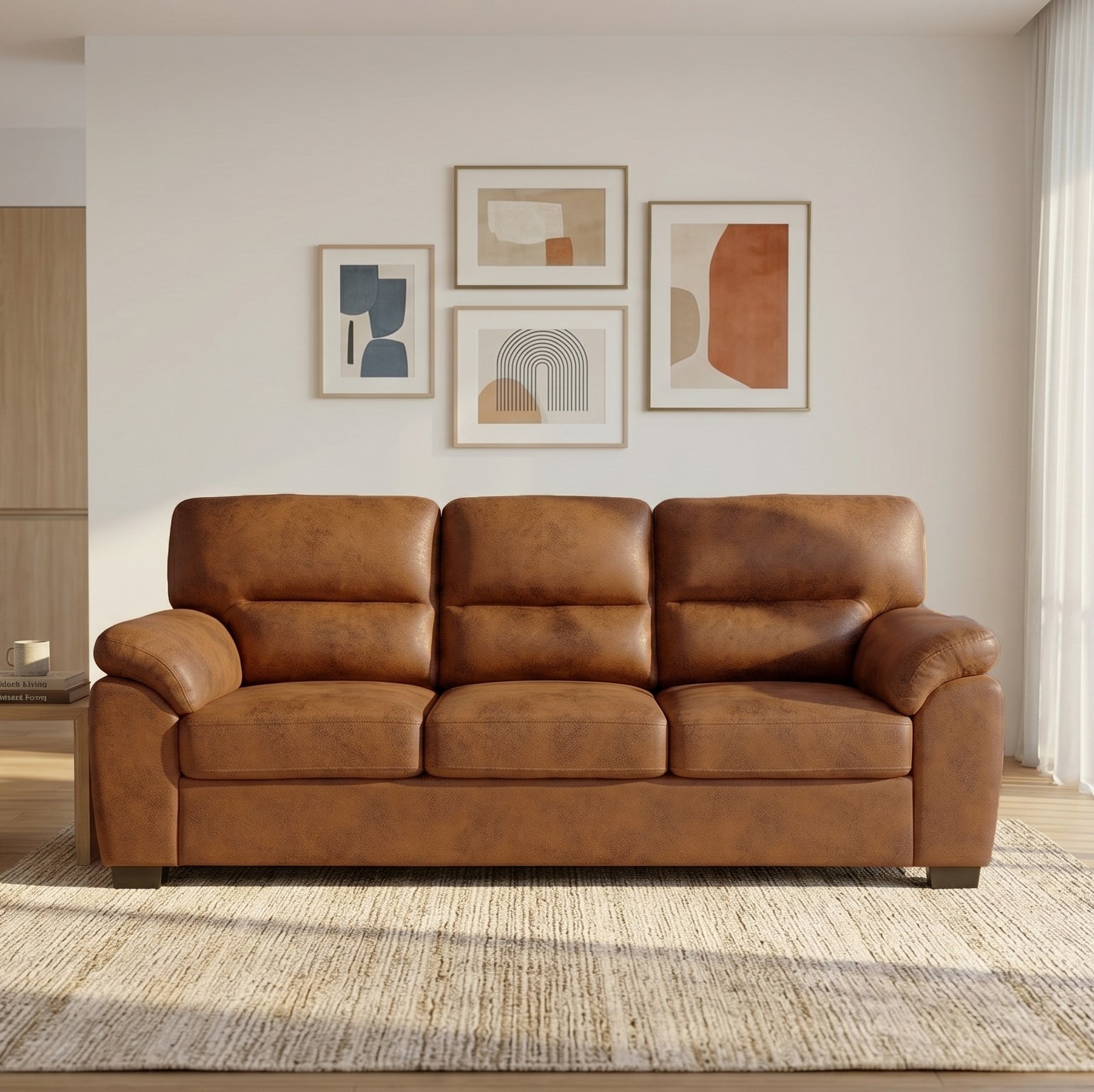 81" Modern Foil Fabric 3 Seater Sofa with Pillow Top Arms Light Brown