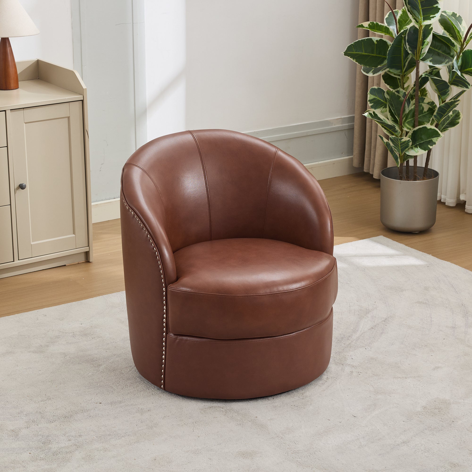 Brown Top-Grain Leather Swivel Accent Chair Nailhead Trim Armchair