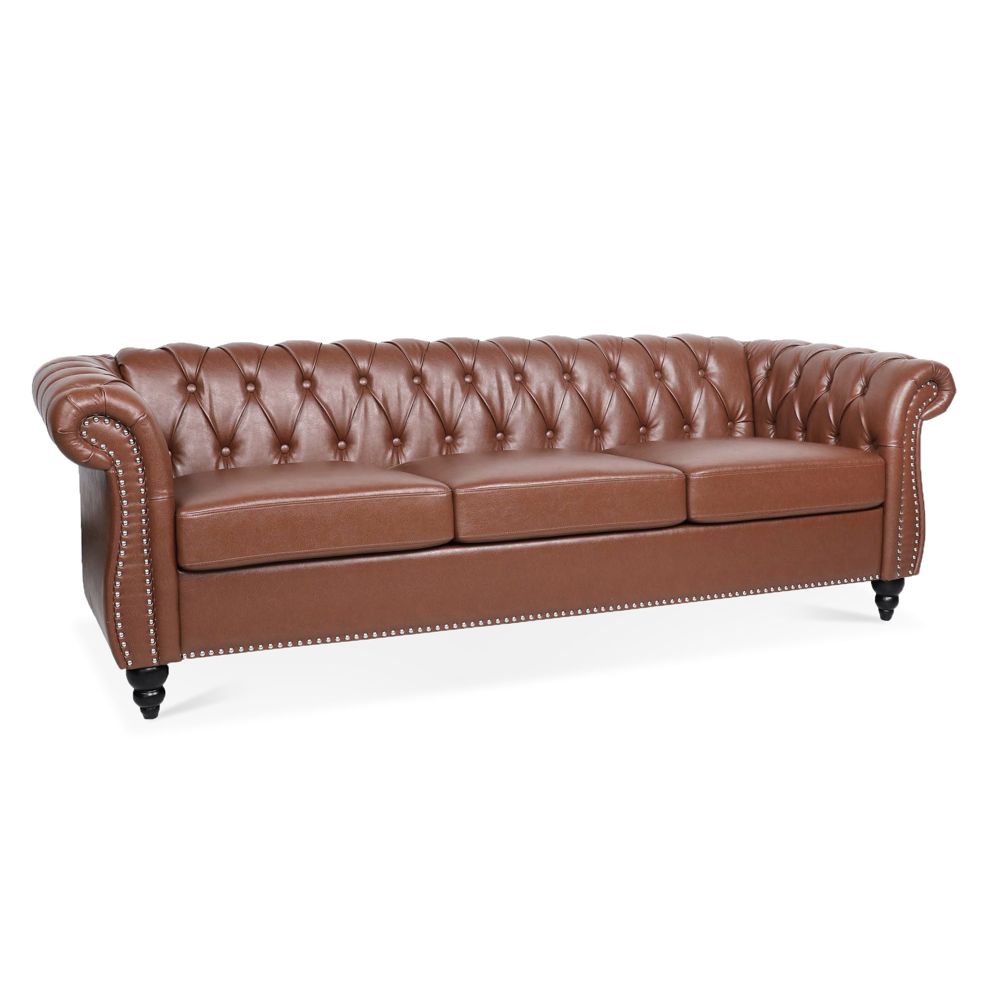 84" Brown PU Leather Chesterfield 3-Seater Sofa with Birch Legs