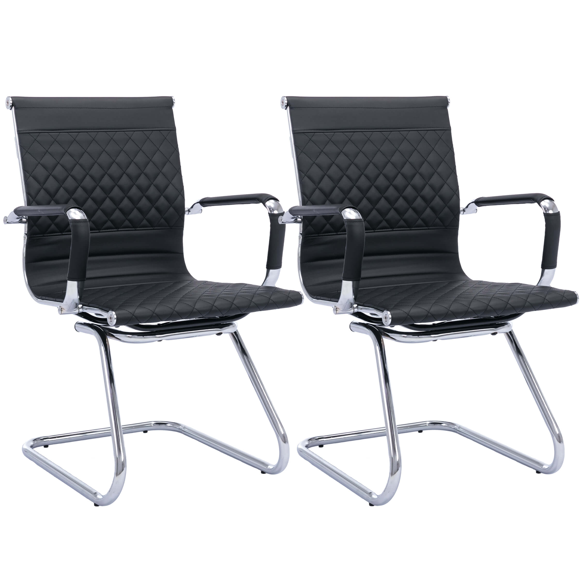 Two black quilted office guest chairs with chrome frames