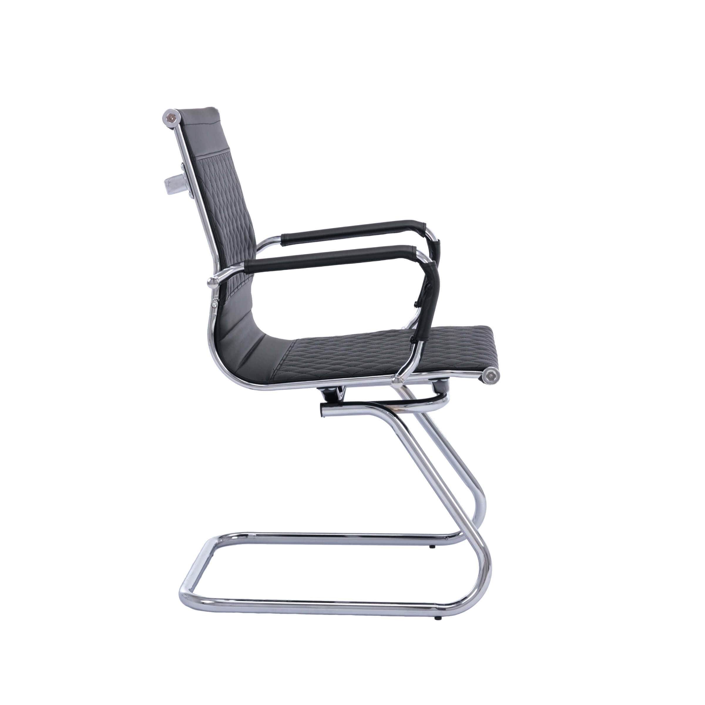 Side view of a single chrome-framed office chair