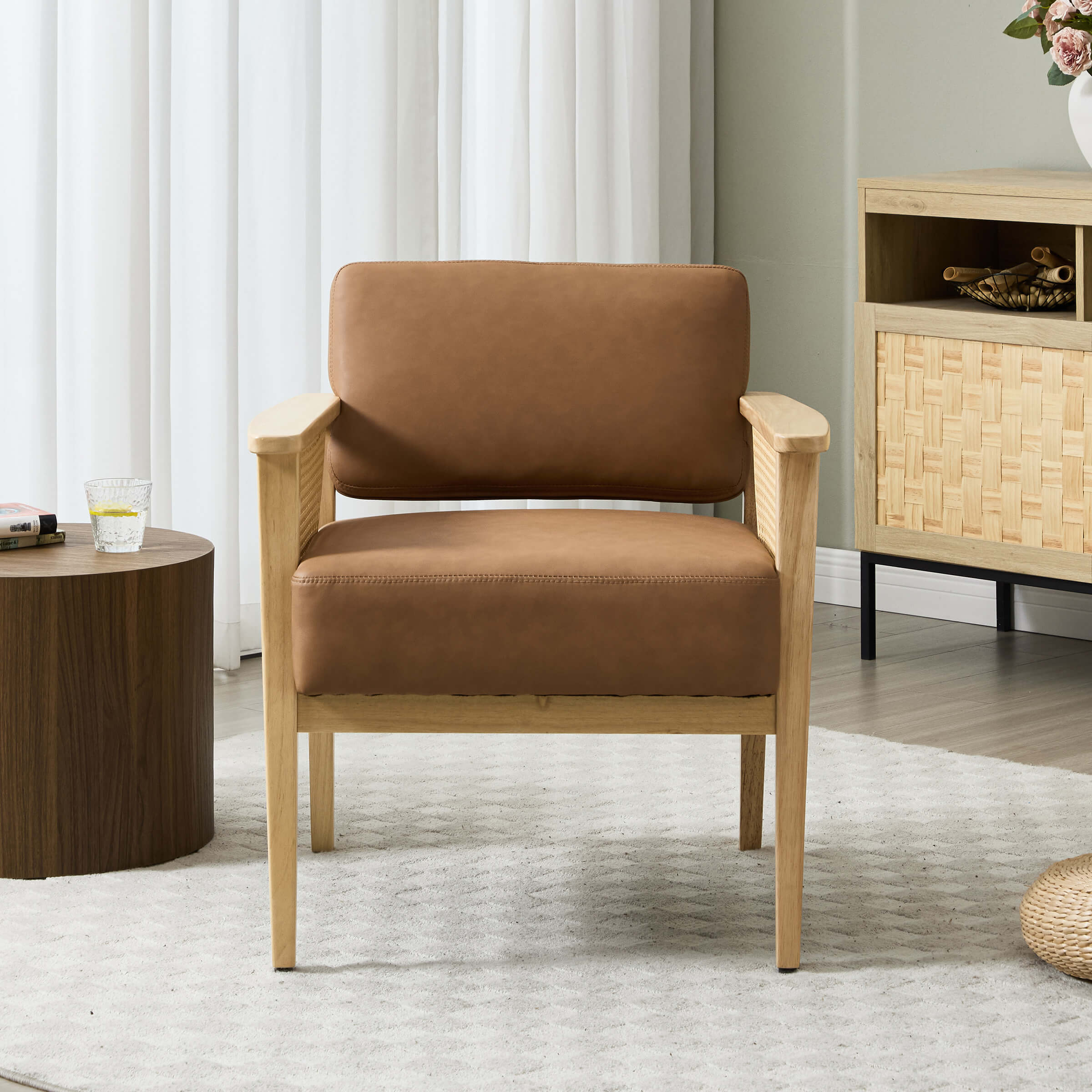 Mid Century Accent Chair with Rattan Armchair - 555AC