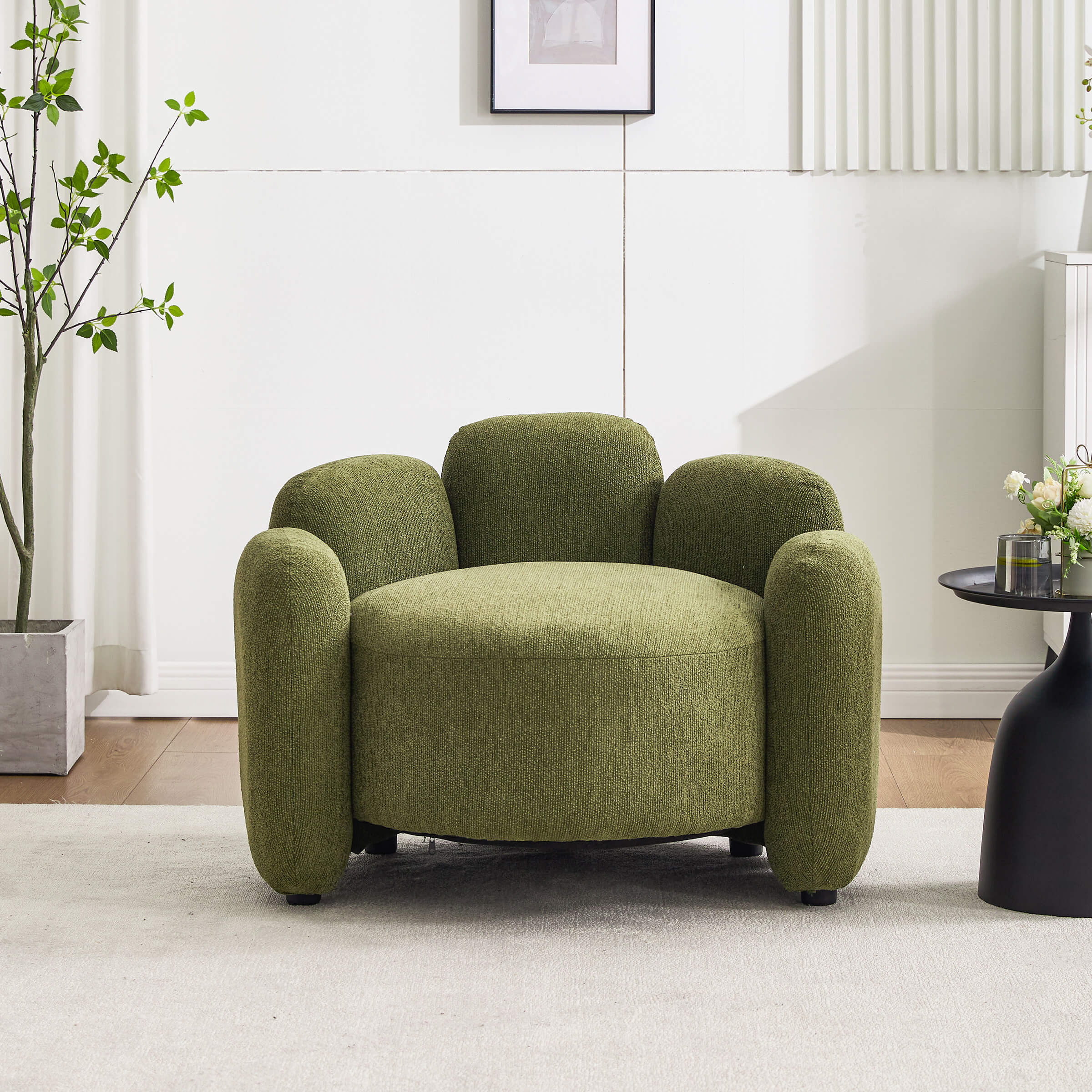 Green boucle upholstered barrel chair in a living room