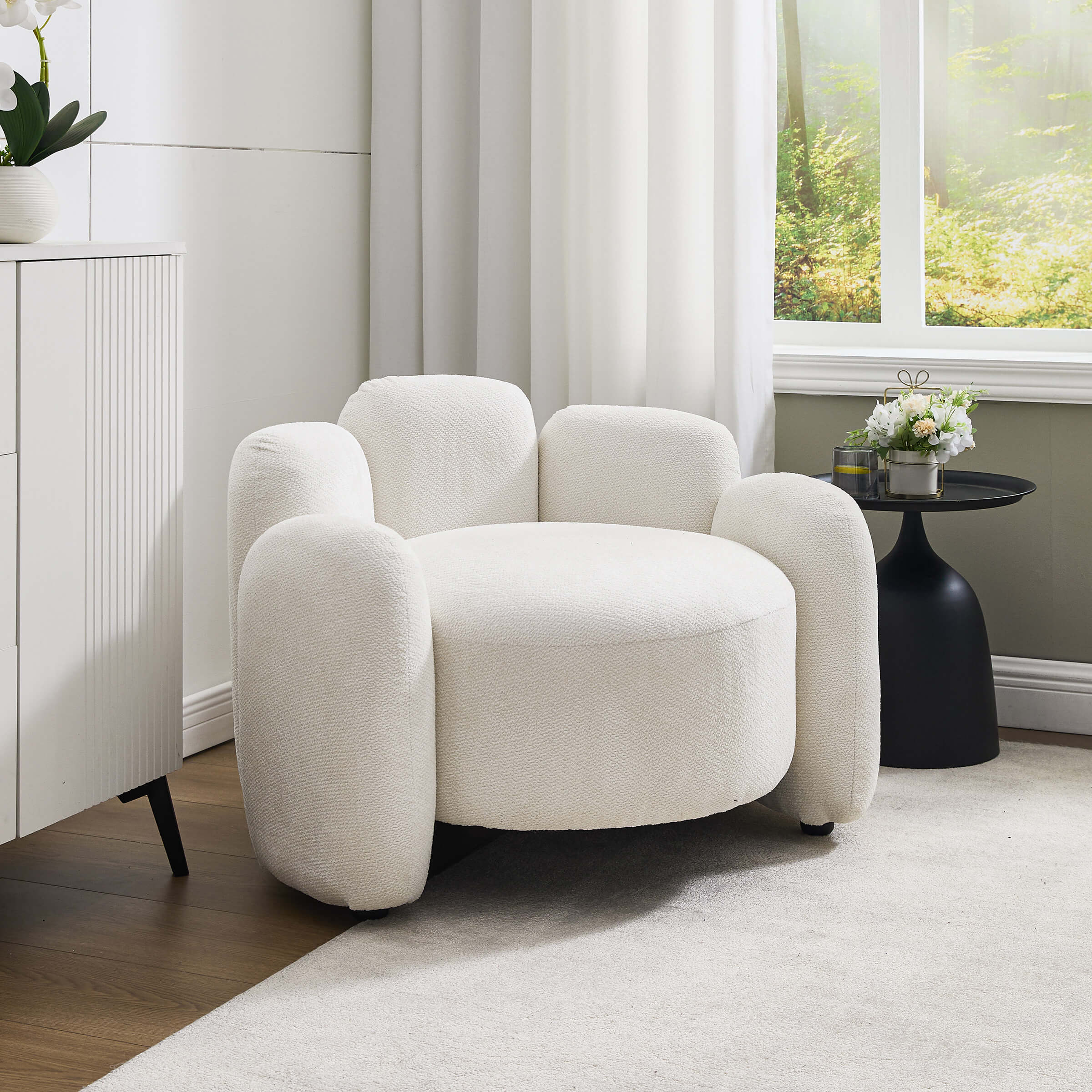 Beige chair with white cabinet