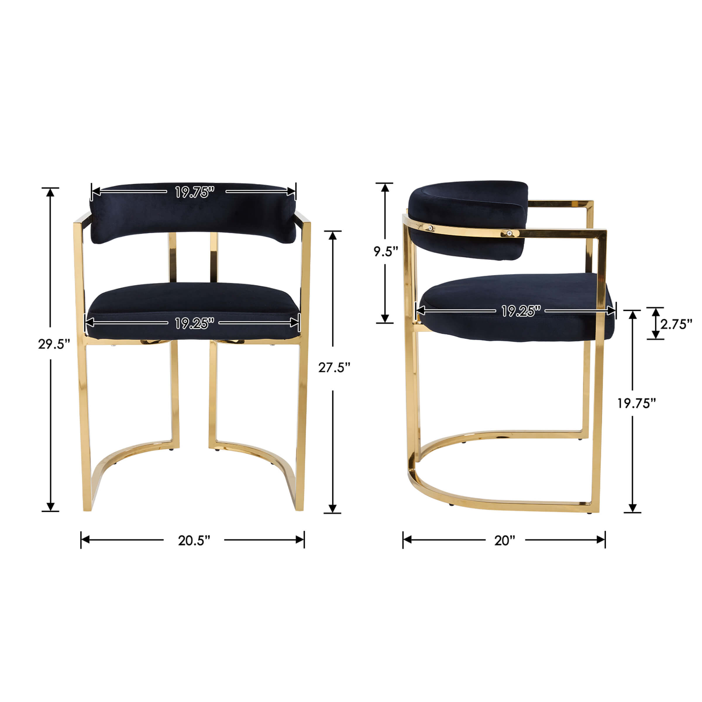 Size diagram of chairs (front and side views)
