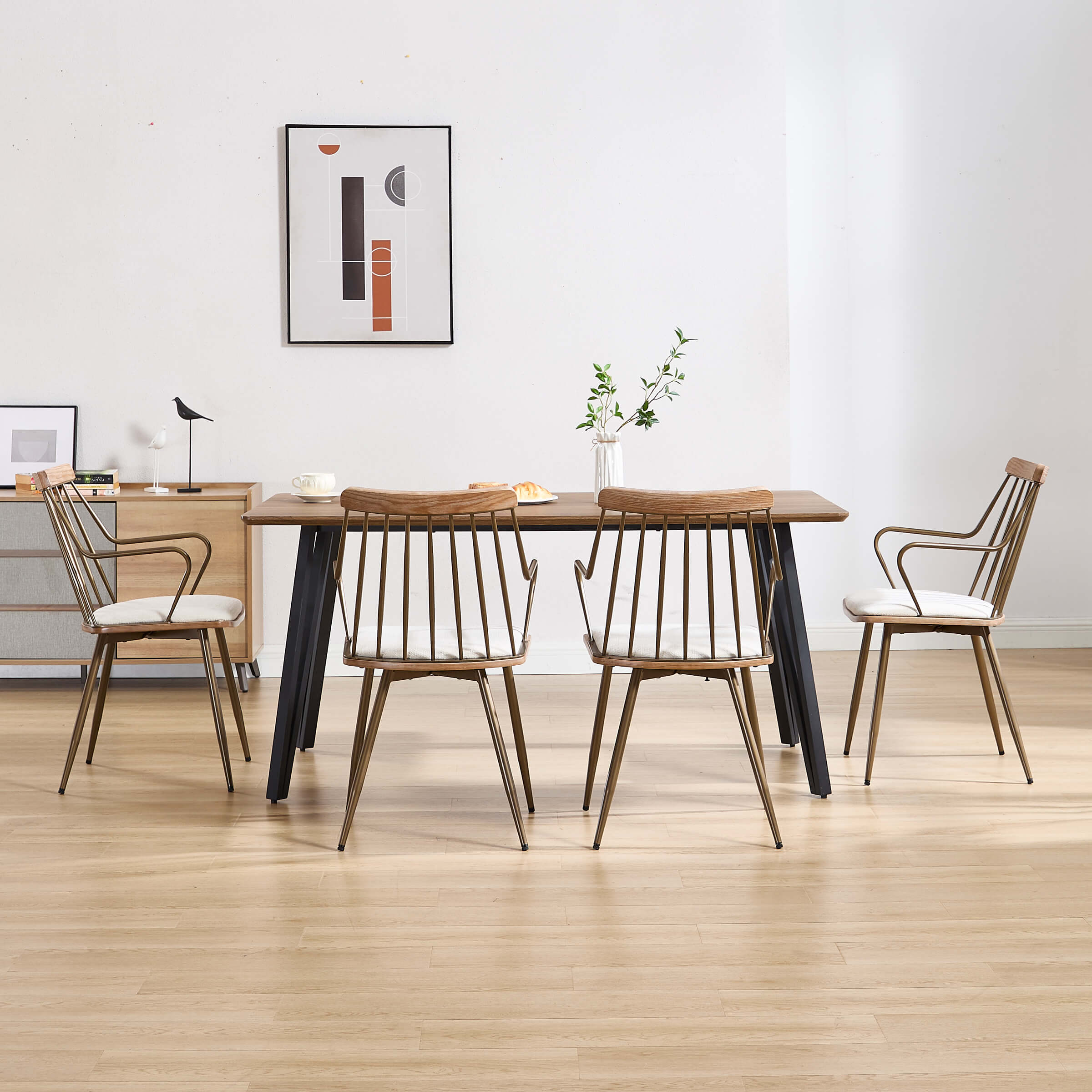 Dining chairs arranged around table in a living space