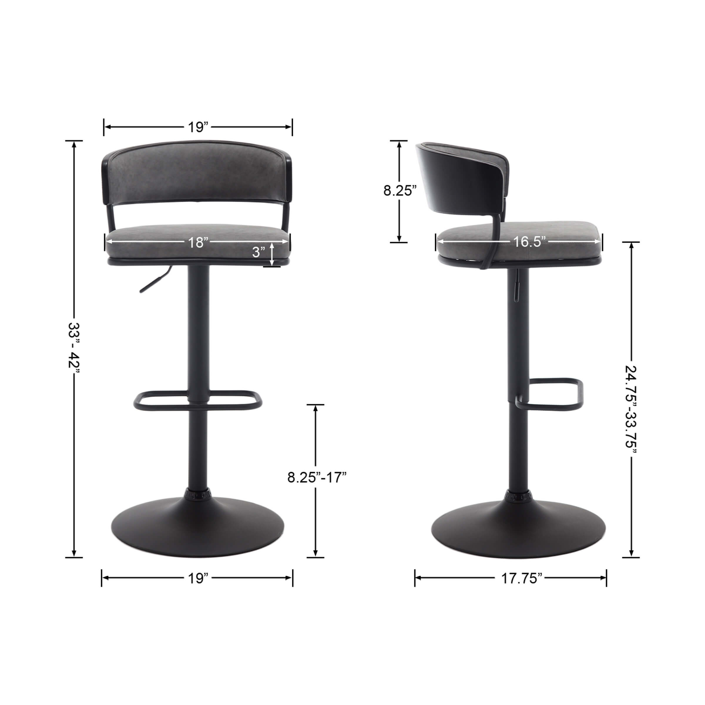 ROCITY Adjustable Swivel Curved Back Bar Stools Set of 2 - 3184CS