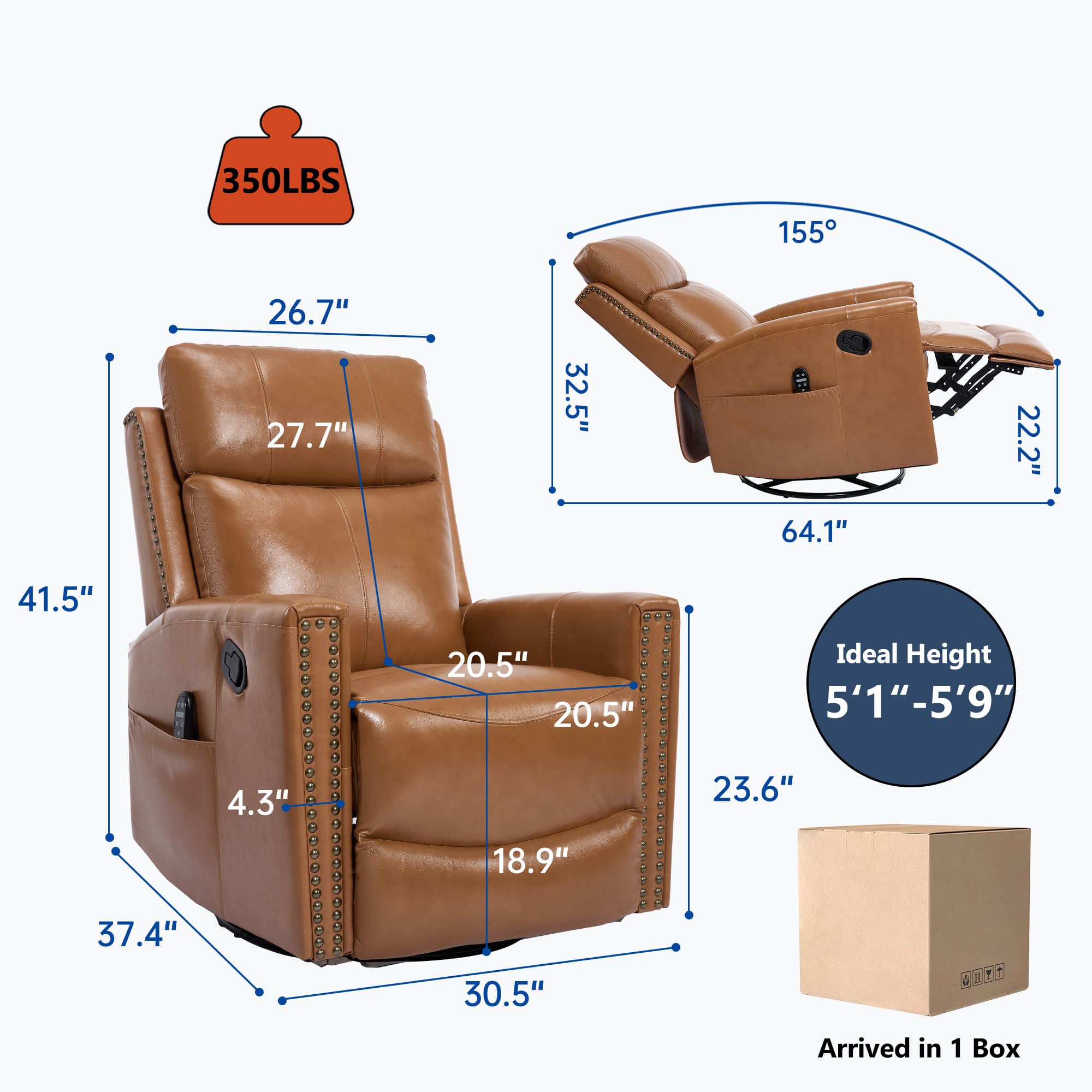 Genuine Leather Manual Swivel Rocker Massage Heat Recliner Chair
