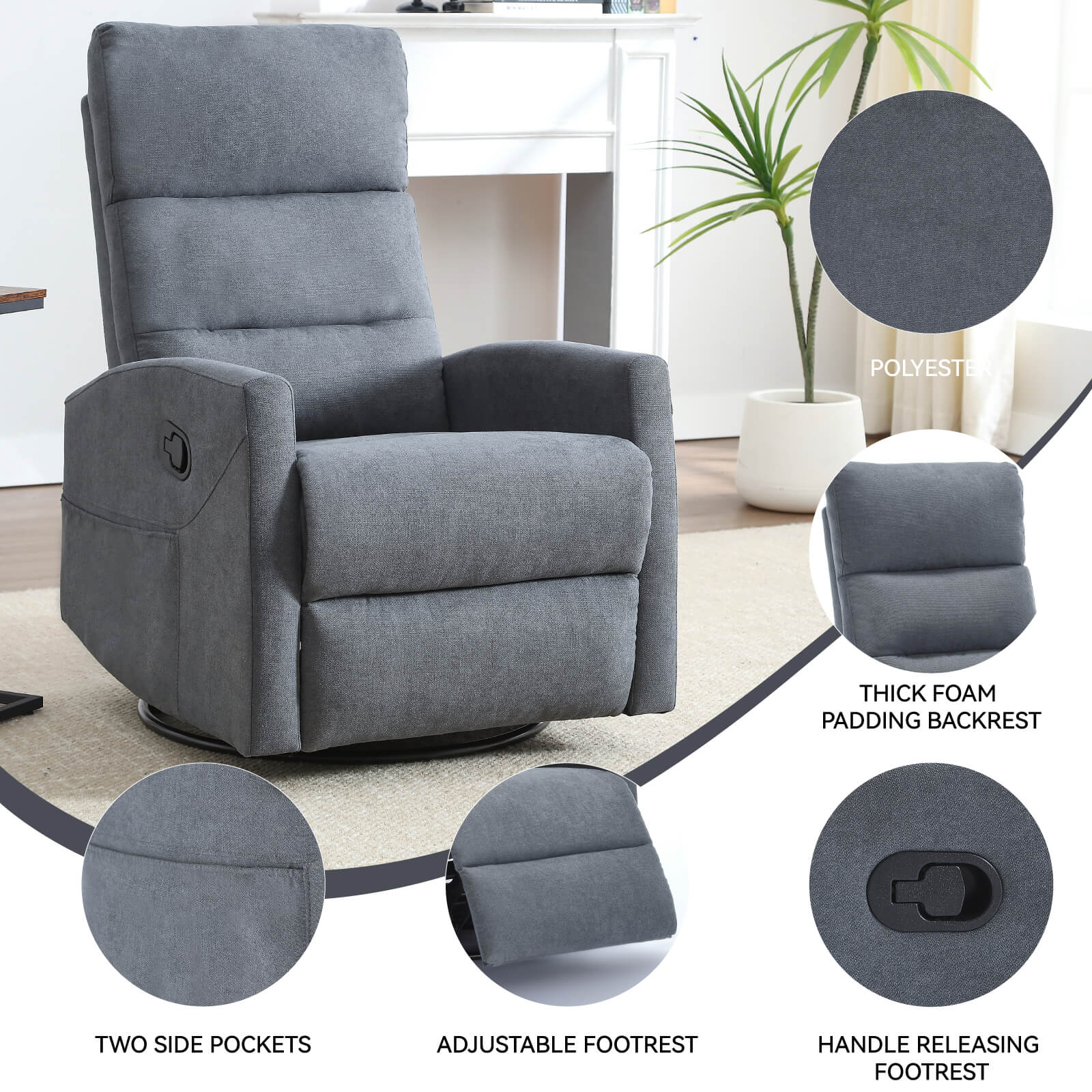 Modern Polyester Fabric Manual 360 Swivel Rocker Recliner Chair