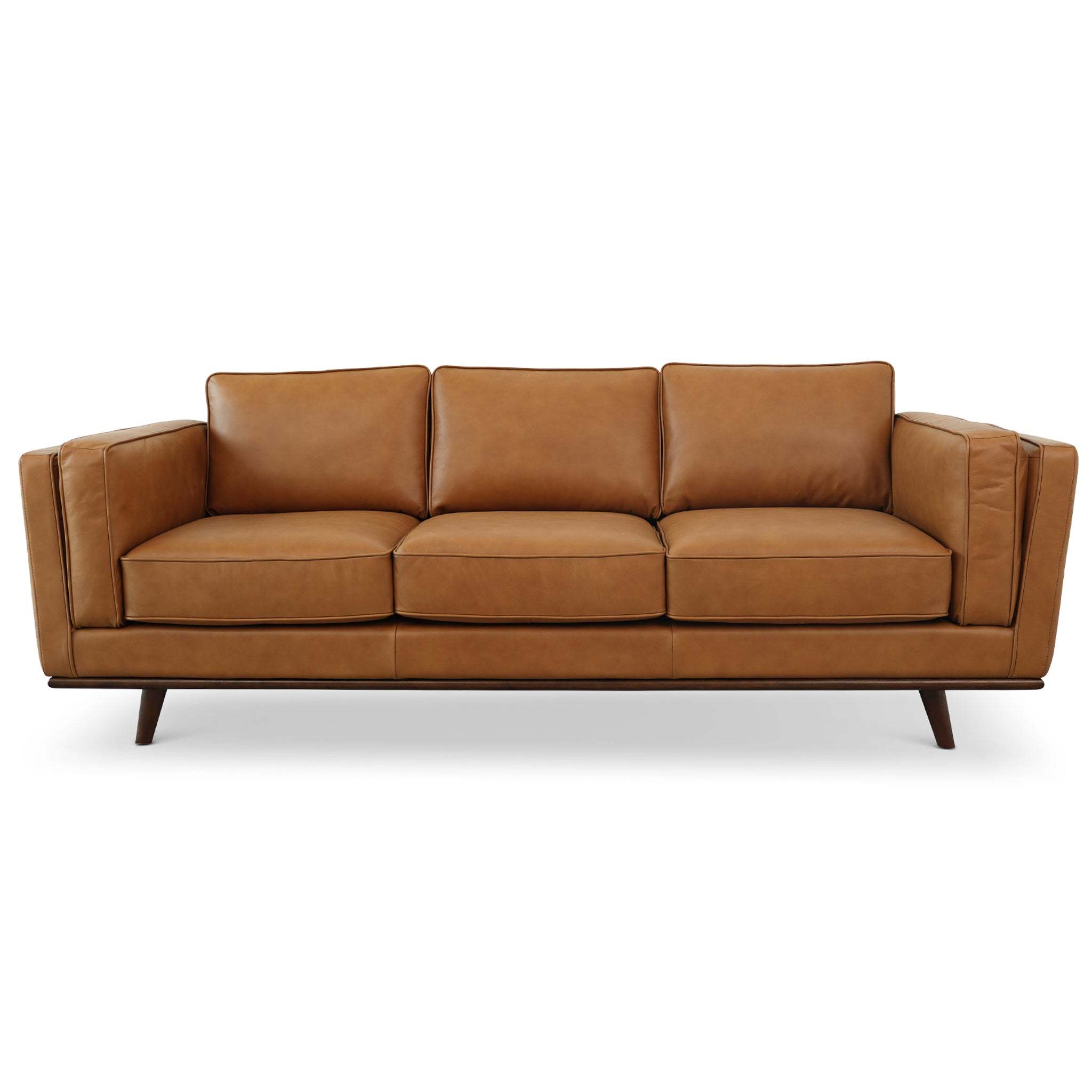 90.4" Brown Top Grain Genuine Leather Mid Century Modern 3-Seater Sofa