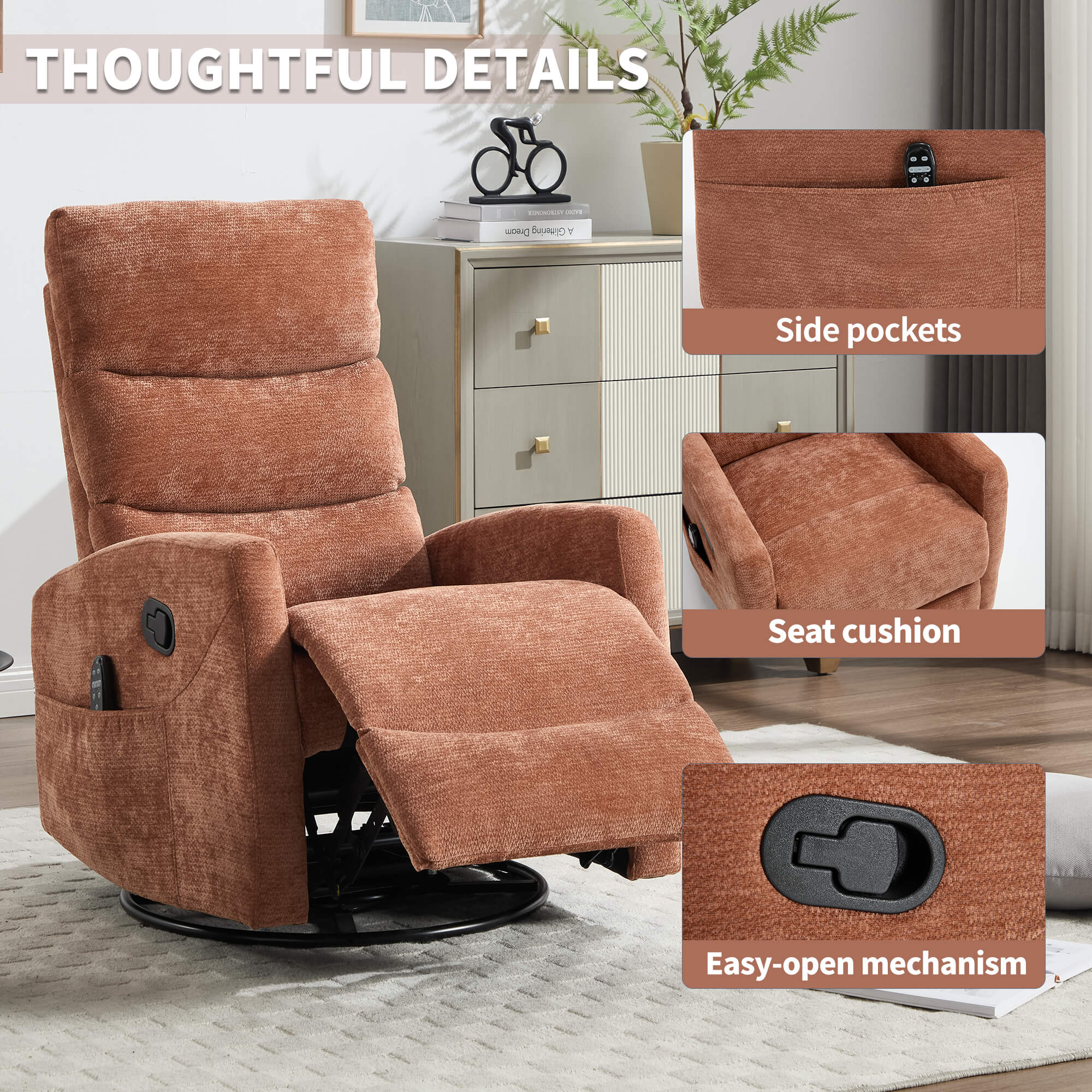 Modern Chenille Heat Massage Rocker Swivel Recliner Chair