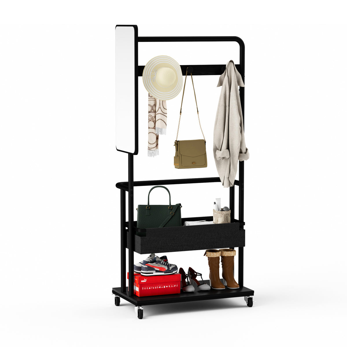 3-In-1 Rolling Clothes Rack with Mirror and Storage