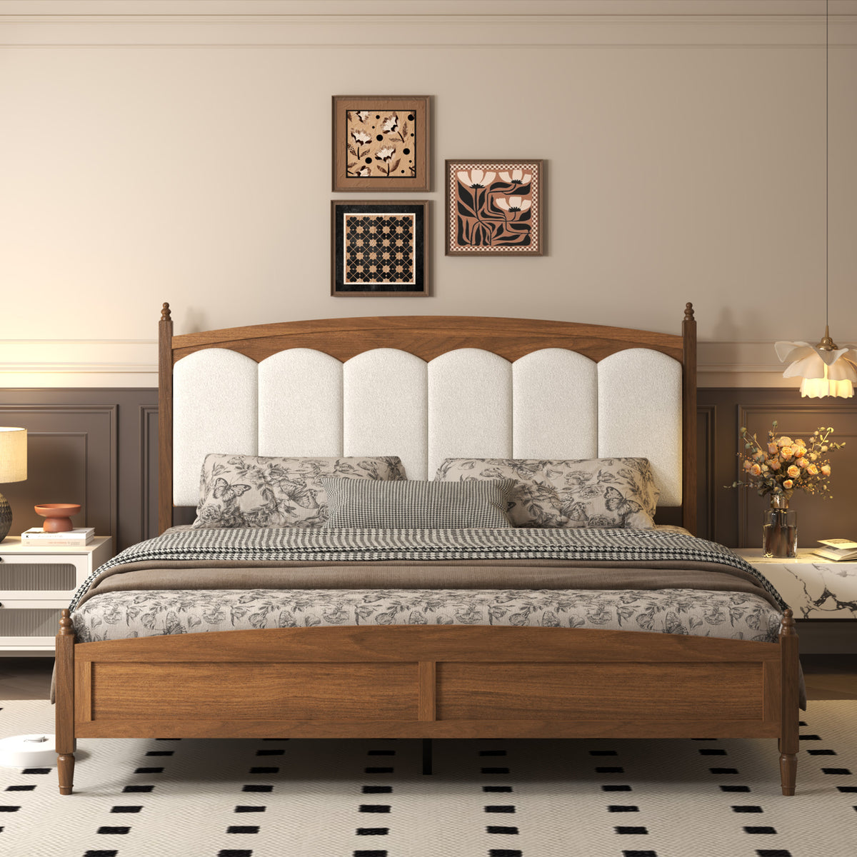 Brown Platform Bed Frame with Upholstered Headboard