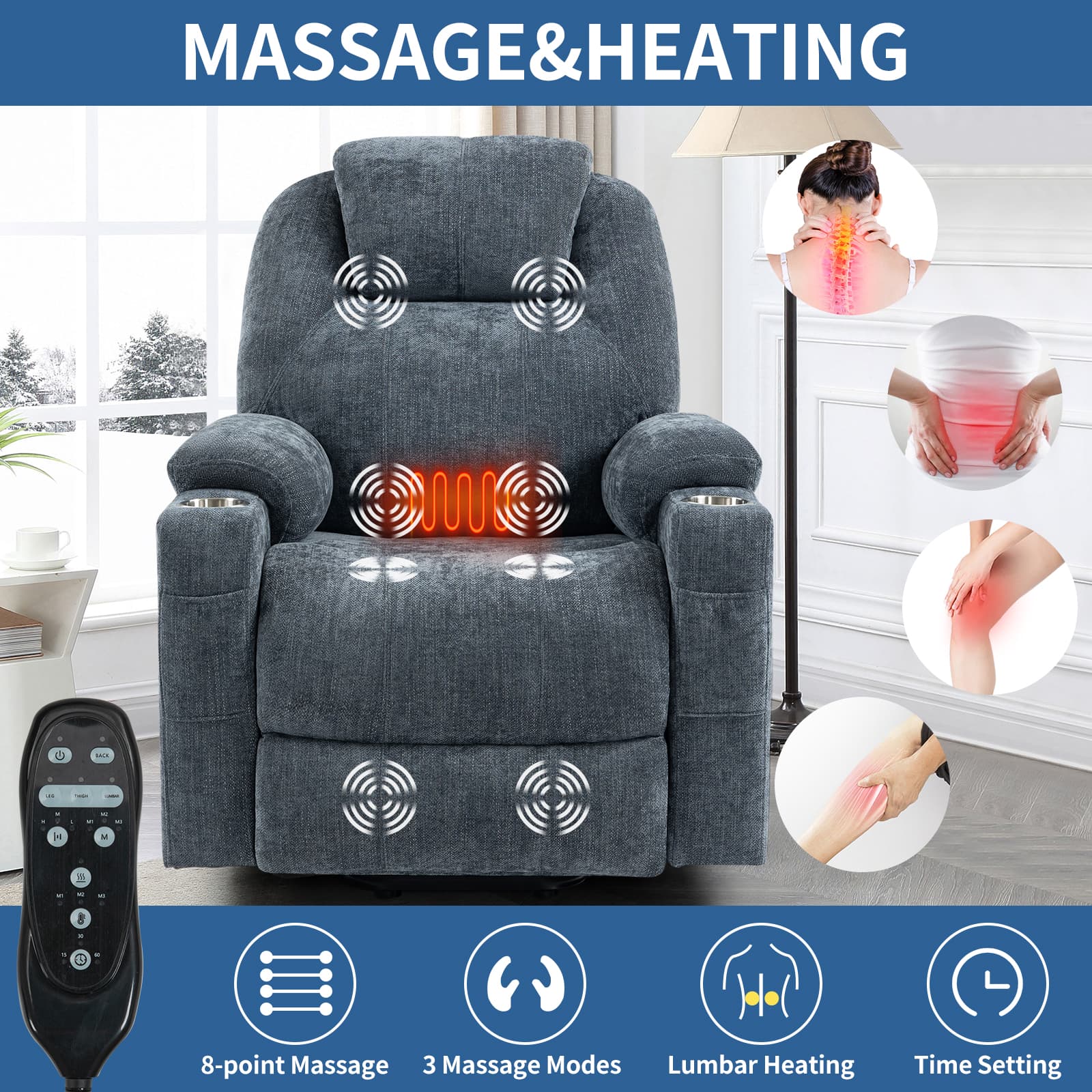 Power Lift Electric Massage Heat USB Recliner Chair
