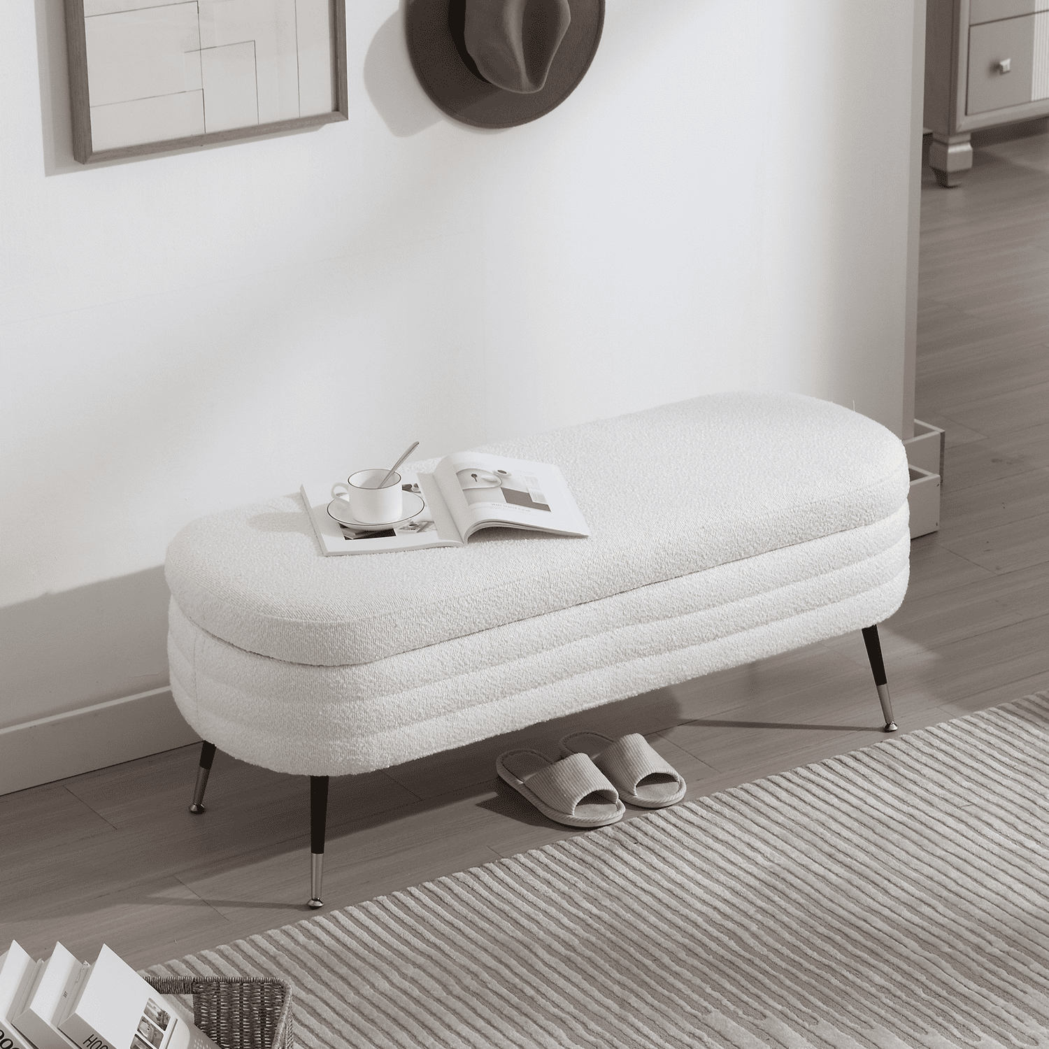EALSON Modern Sherpa Storage Ottoman Storage Bench with Metal Legs - 2508