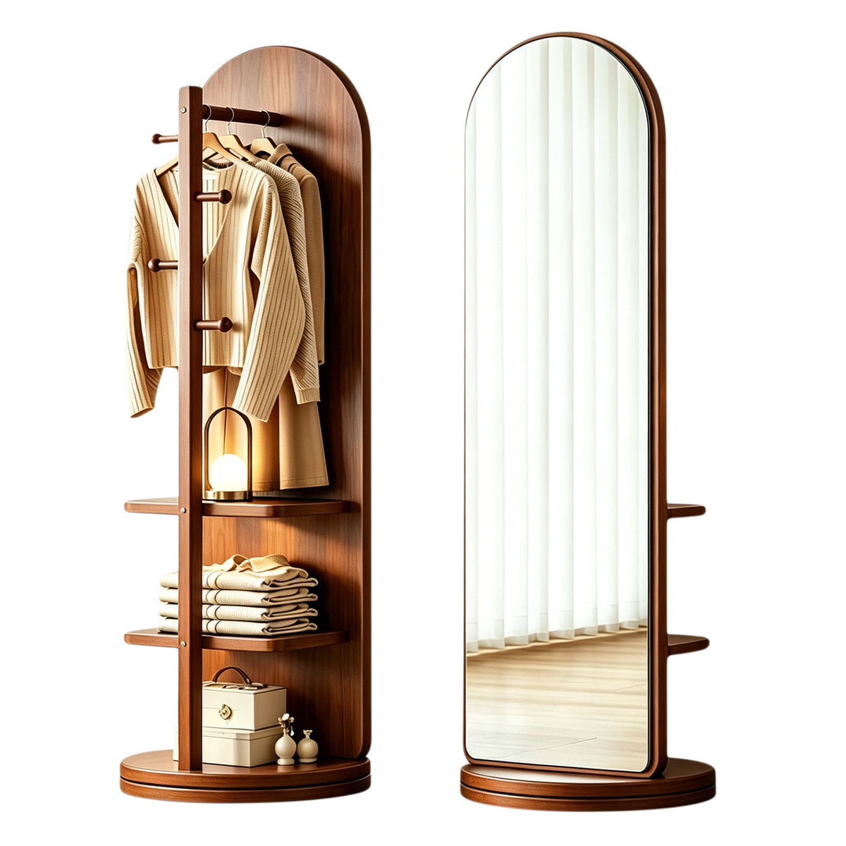 65" Swivel Arched Full Length Mirror with Coat Rack and Shelves