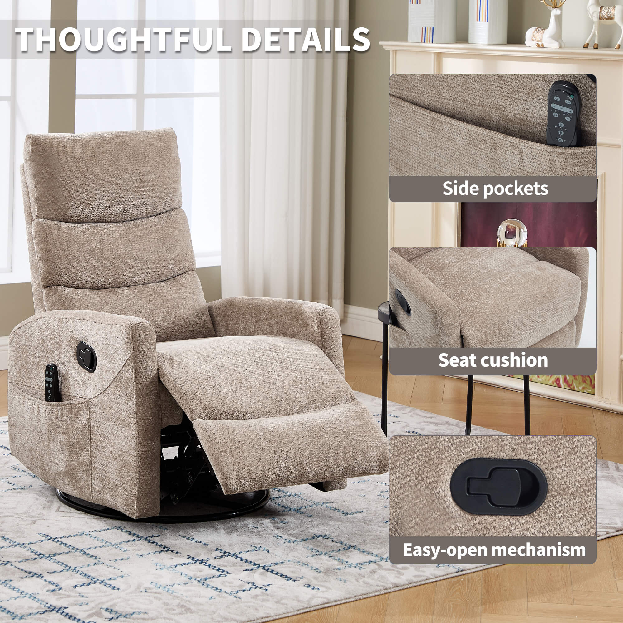 Modern Chenille Heat Massage Rocker Swivel Recliner Chair