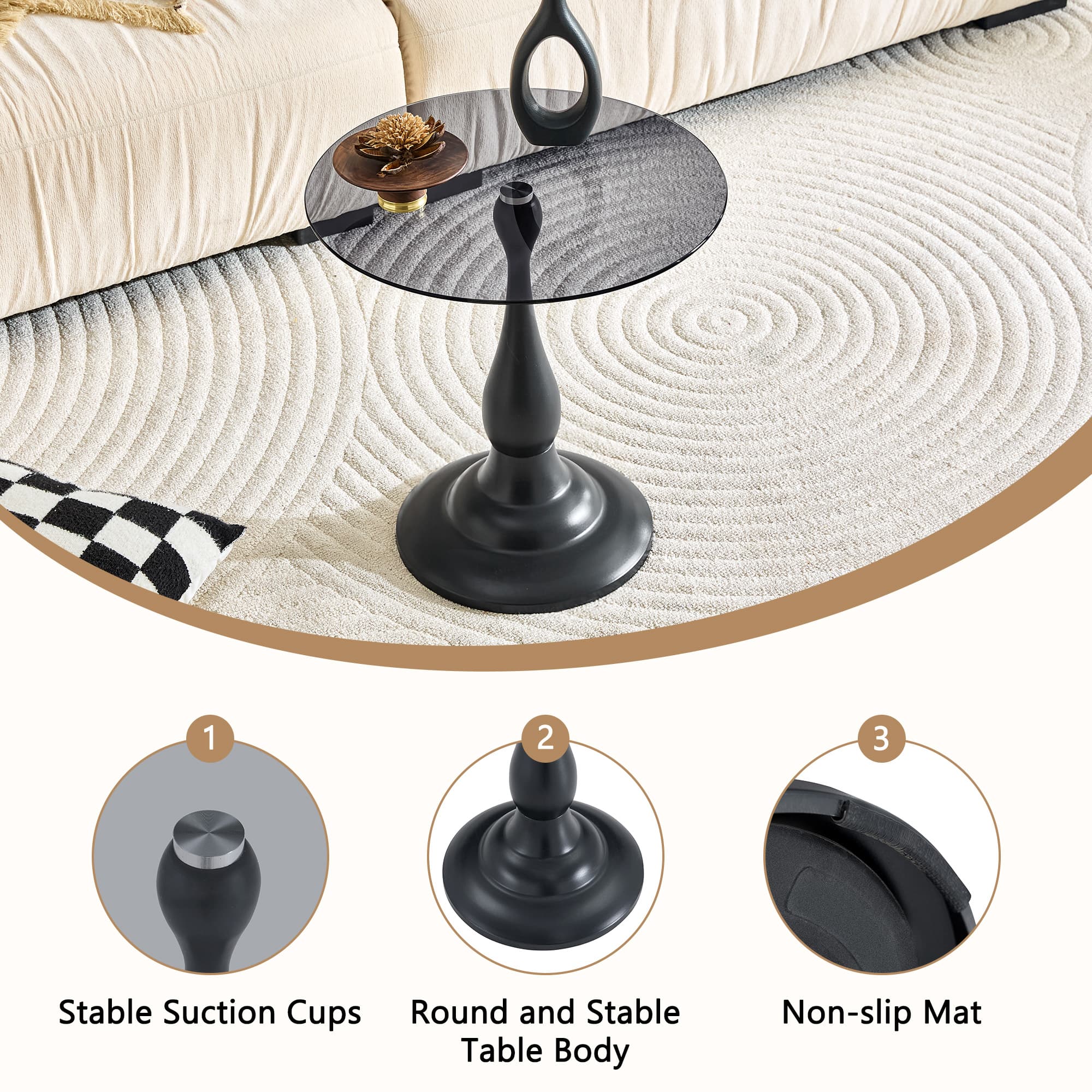 Modern 20 Inch Round Glass Side Table Metal End Table for Living Room