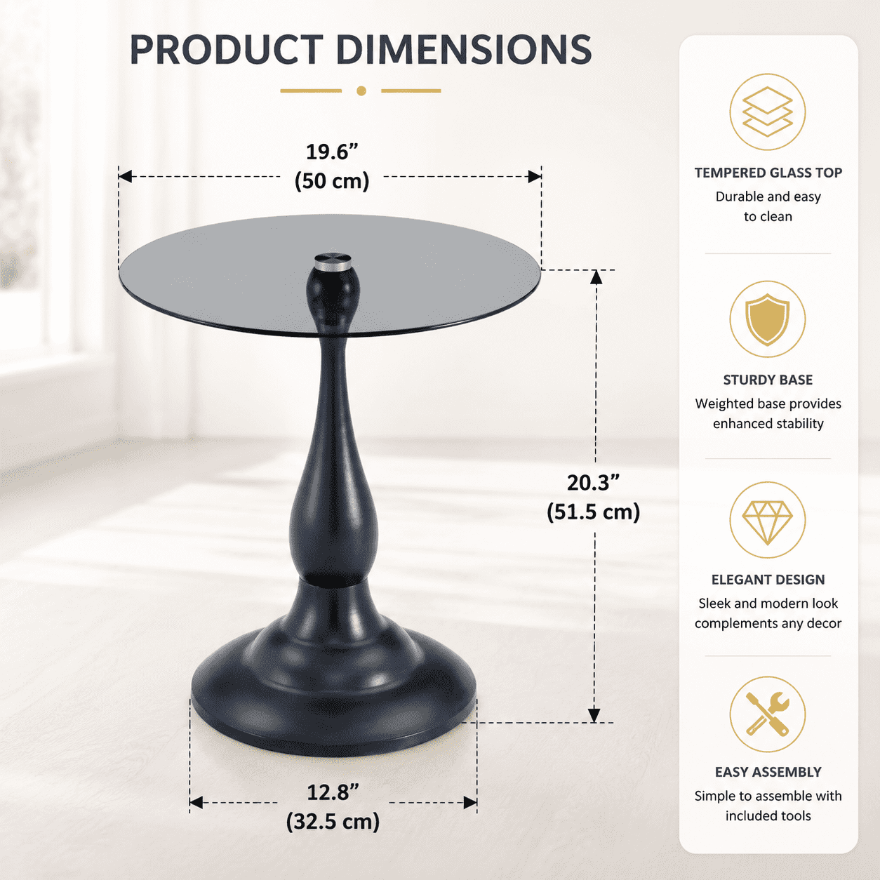 Modern 20 Inch Round Glass Side Table Metal End Table for Living Room
