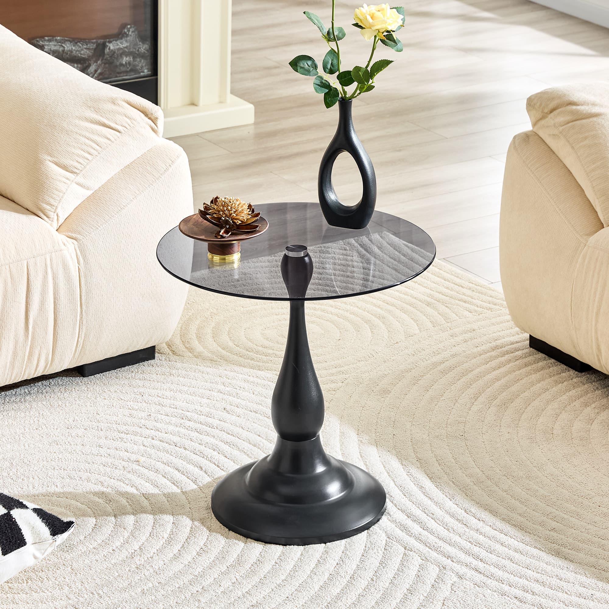 Modern 20 Inch Round Glass Side Table Metal End Table for Living Room