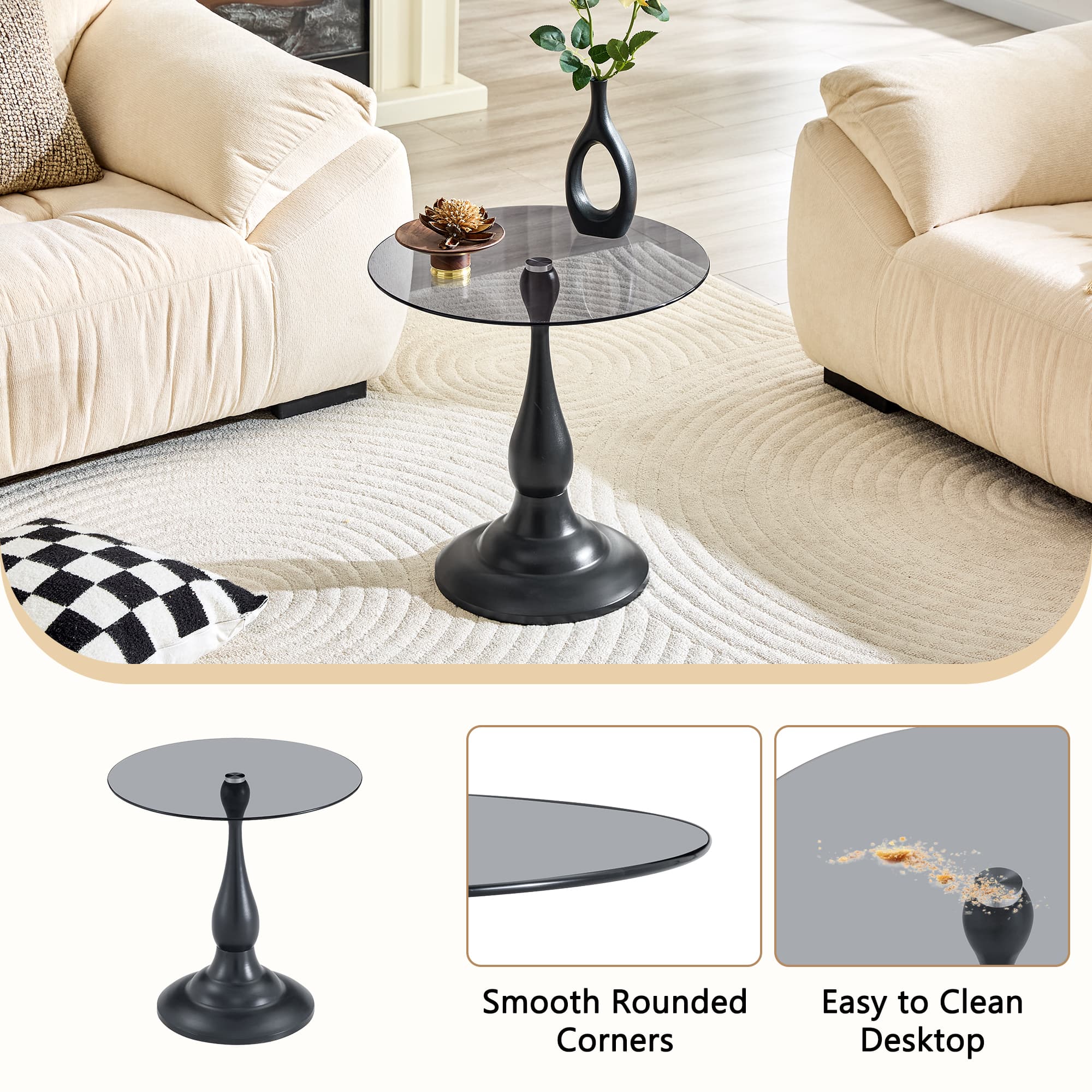 Modern 20 Inch Round Glass Side Table Metal End Table for Living Room