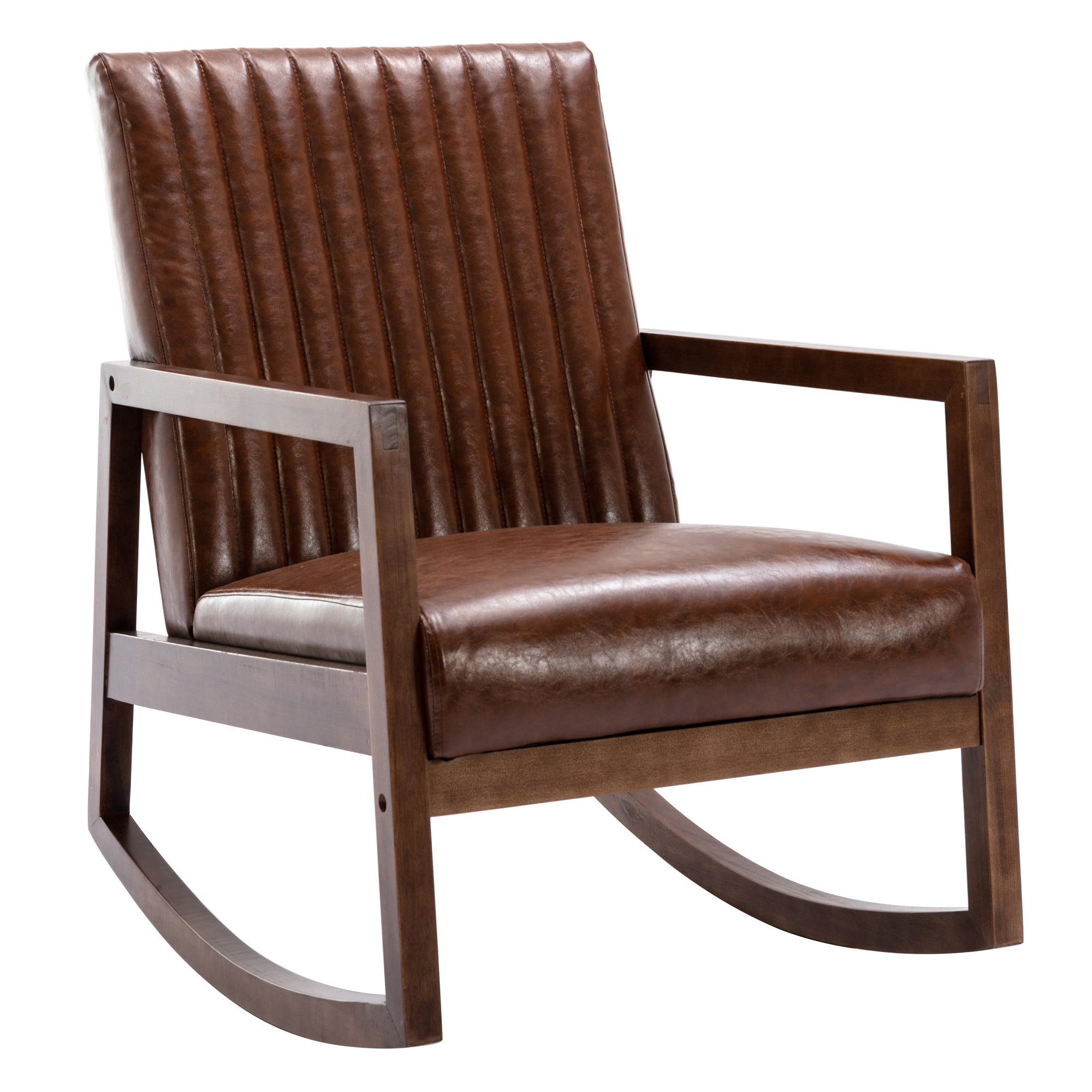 Close-up of brown faux leather accent chair with vertical channels and wooden frame