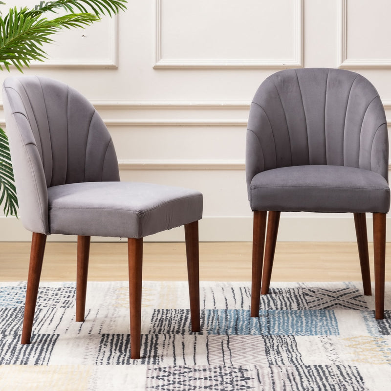 Set of 2 Mid Century Velvet Upholstered Dining Chairs with Stitch Detail, Solid Wood Hostess Chairs with Wood Legs