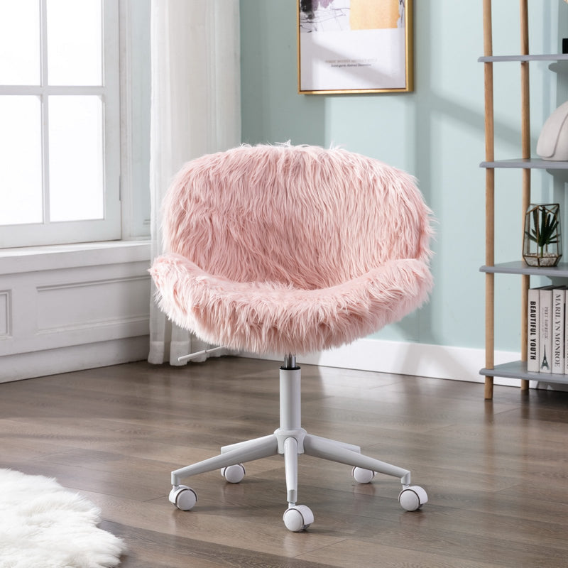 Cute Shaggy Faux Fur Task Chair with Wheels, Pink - 3018