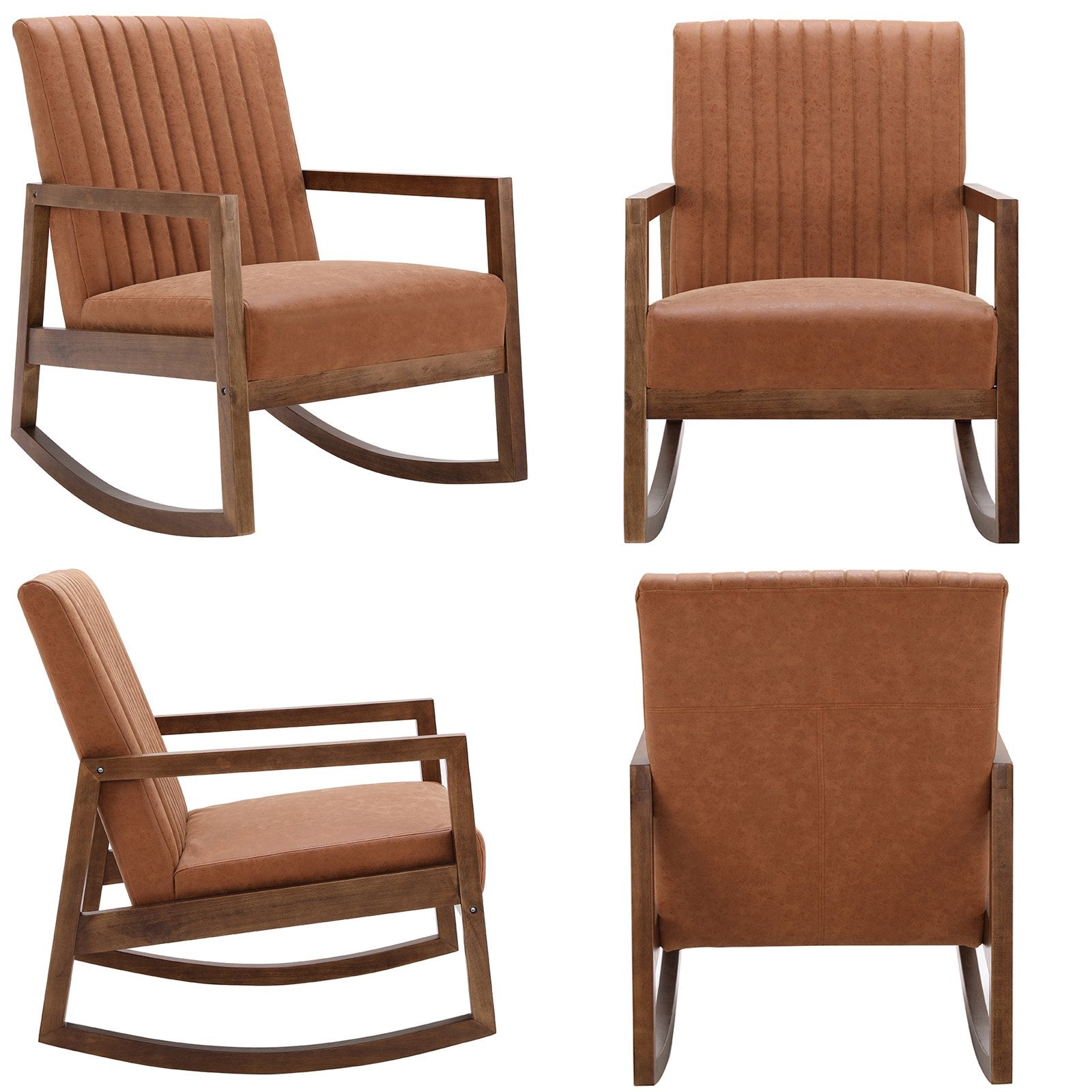 Set of two brown leather rocking chairs from different angles