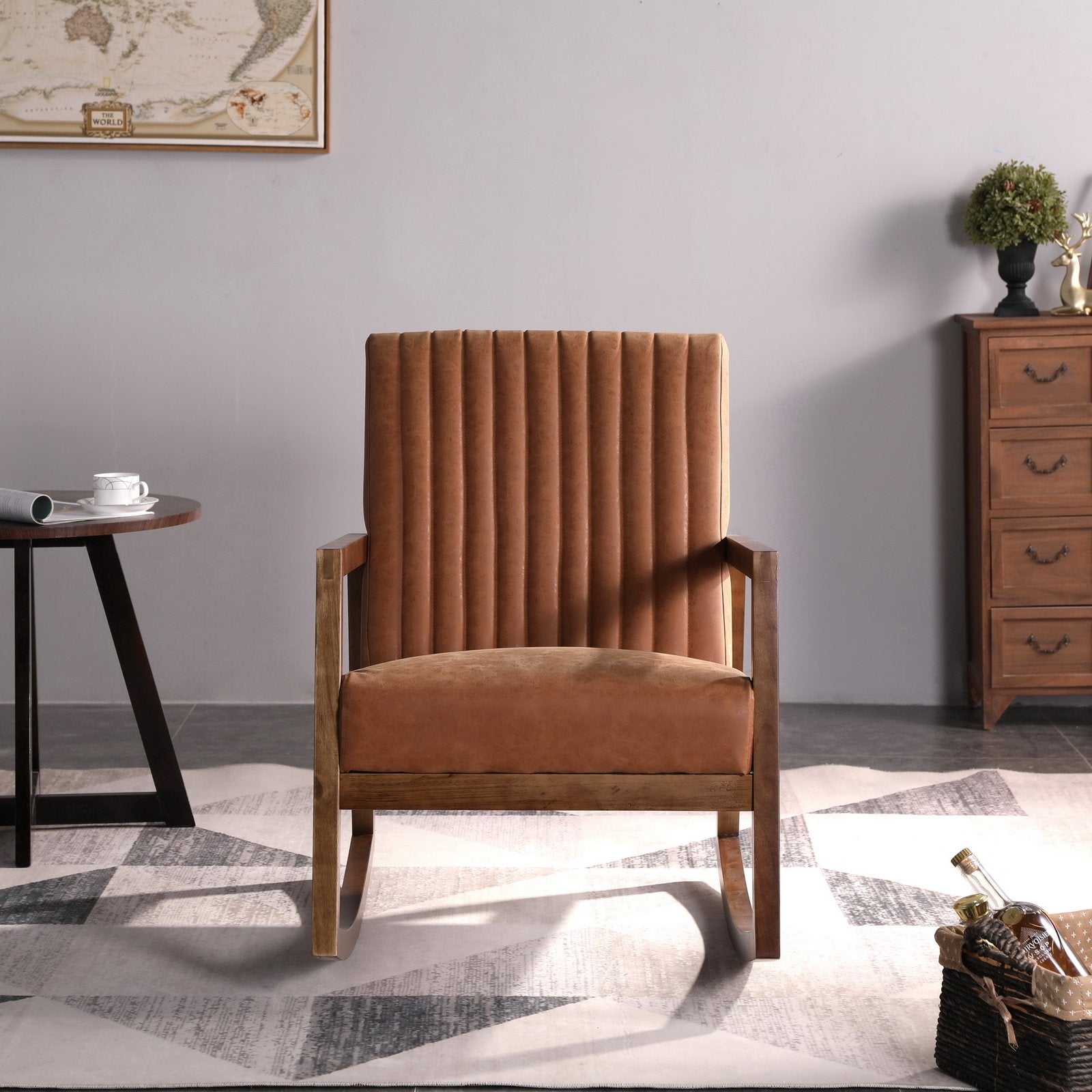 Angle view of brown leather accent rocking chair in a room