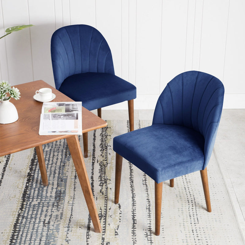 Set of 2 Mid Century Velvet Upholstered Dining Chairs with Stitch Detail, Solid Wood Hostess Chairs with Wood Legs