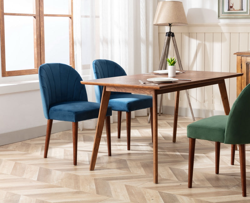 Set of 2 Mid Century Velvet Upholstered Dining Chairs with Stitch Detail, Solid Wood Hostess Chairs with Wood Legs